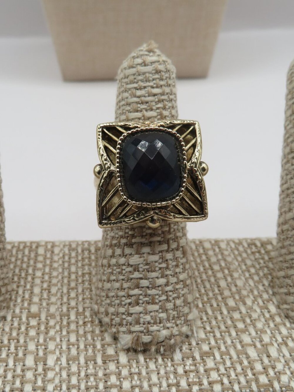 Vintage Whiting & Davis Blue Rhinestone Gold Tone Adjustable Statement Ring
